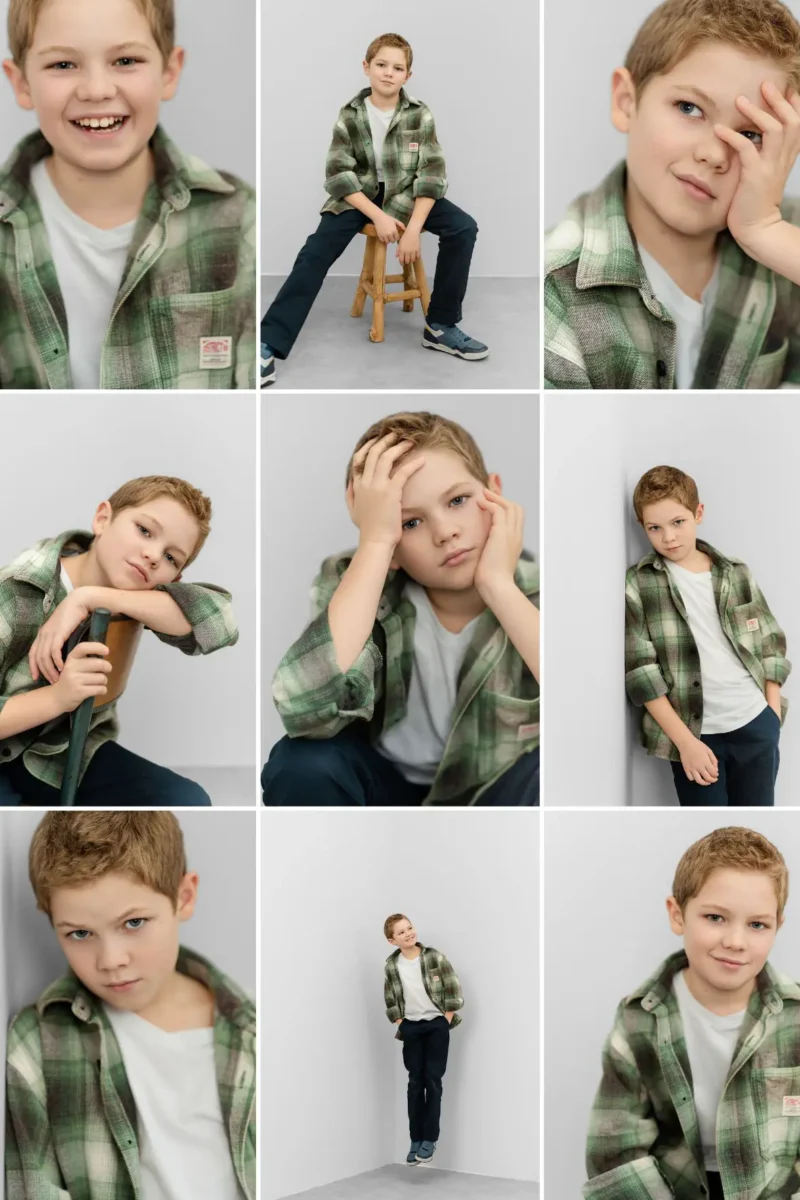 Pola book photo d'un enfant comédien sur fond gris en studio 
